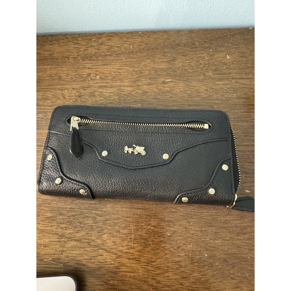 Coach 8” Studded Zip Around Wallet Black Pebble Leather